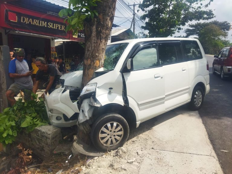 Lakalantas Diduga Serempetan, Mobil APV Tabrak Pohon Perindang Jalan