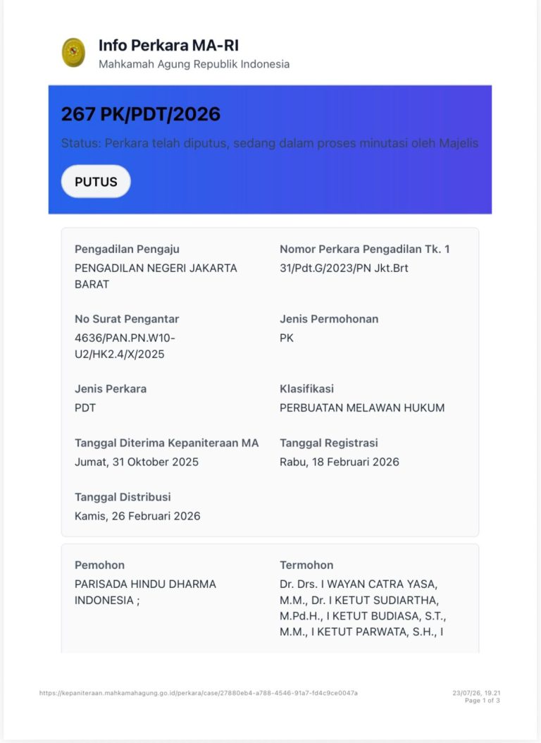 PK Penggugat Kembali Ditolak, PHDI Hasil Mahasabha XII Sah Secara Meyakinkan dan Final